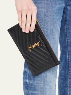 Saint Laurent Bill Pouch Black Grain De Poudre Leather Gold YSL Monogram